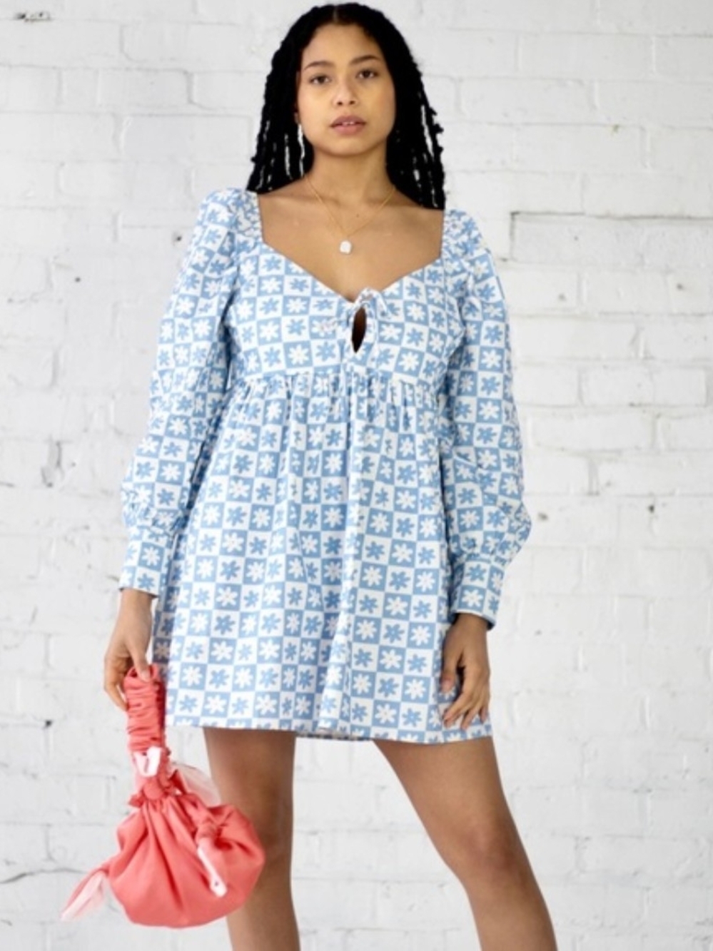 Lisa says gah Lena Babydoll Mini Dress Blue and White Printed Puff-Sleeve